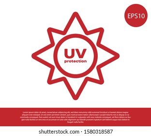 Red UV protection icon isolated on white background. Ultra violet rays radiation. SPF sun sign.  Vector Illustration
