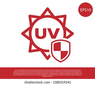Red UV protection icon isolated on white background. Sun and shield. Ultra violet rays radiation. SPF sun sign.  Vector Illustration