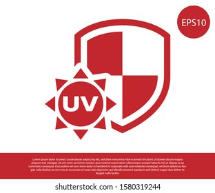 Red UV protection icon isolated on white background. Sun and shield. Ultra violet rays radiation. SPF sun sign.  Vector Illustration