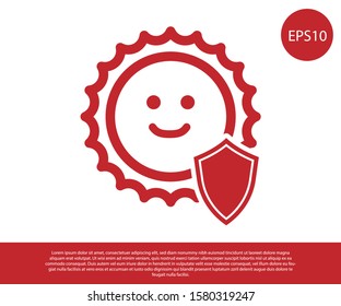 Red UV protection icon isolated on white background. Sun and shield. Ultra violet rays radiation. SPF sun sign.  Vector Illustration