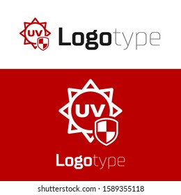 Red UV protection icon isolated on white background. Sun and shield. Ultra violet rays radiation. SPF sun sign. Logo design template element. Vector Illustration