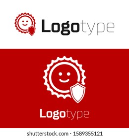 Red UV protection icon isolated on white background. Sun and shield. Ultra violet rays radiation. SPF sun sign. Logo design template element. Vector Illustration