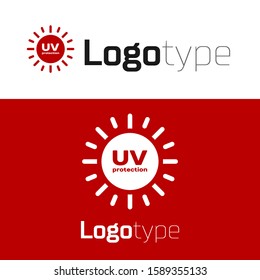 Red UV protection icon isolated on white background. Ultra violet rays radiation. SPF sun sign. Logo design template element. Vector Illustration