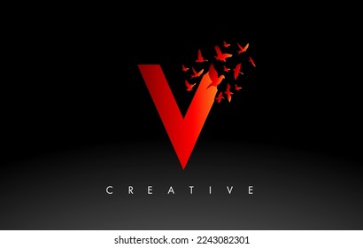 Letra roja con logotipo V con manada voladora de aves que se desintegran de la carta. Icono de la letra de vuelo de pájaro.