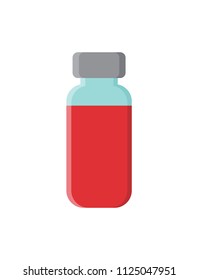 Red vaccine in glass bottle with sealed metal top. Medical liquid to improve immune system inside container isolated cartoon vector illustration.