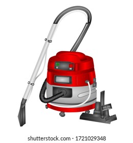 Red vacuum cleaner with water filter isolated on white background. Equipment for home care and hygienic purity watercolor vector illustration editable hand draw 
