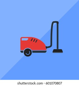 Red Vacuum Vector Icon, The symbol of red vacuum cleaner on blue background. Simple, modern flat vector illustration for mobile app, website or desktop app  