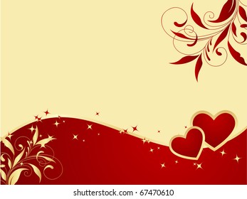 Red valentine background. Wave of golden hearts. Vector illustration.