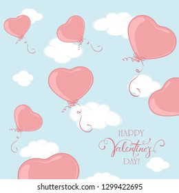 Red Valentine balloons in the form of Heart on blue sky background. Lettering Happy Valentines Day, illustration. 