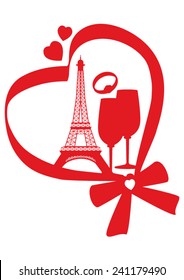 Red valentine card with Eiffel Tower, heart, champagne and ring