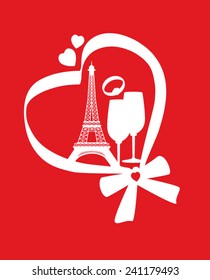 Red valentine card with Eiffel Tower, heart, champagne and ring