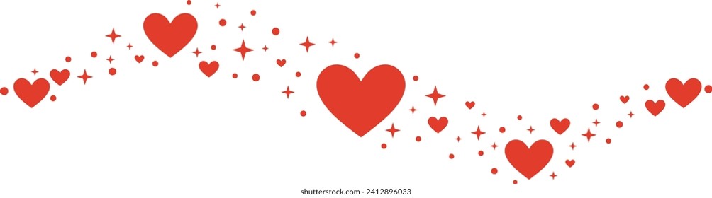 Red valentine day celebration clip art wave, greeting banner concept, hand drawn design with heart and stars, isolated