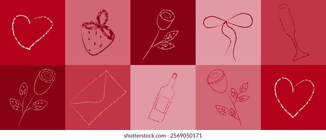 Red Valentine day chalk element illustration. Love shape symbol, rose, envelope and wine artwork crayon stroke drawing for romantic celebration. Simple geometric background with tile graphic