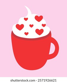 Red Valentine Day cup with whipped cream, and hearts sprinkles. Drink element. Vector flat illustration.