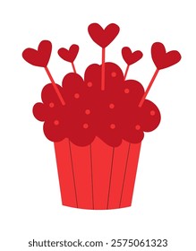 Red Valentine Day Cupcake with toppers heart. Vector flat illustration.