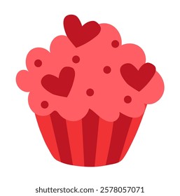 Red Valentine Day Cupcake. Vector flat illustration.