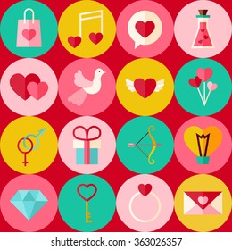 Red Valentine Day Seamless Pattern with Circles. Love Flat Design Vector Illustration. Background. Set of Wedding Items.