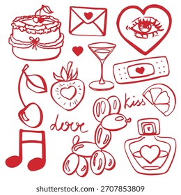Red Valentine EPS set. Isolated vector EPS object. Hand-drawn illustration. Valentine's Day element for romantic invitations, birthday cards, greeting cards, and wedding designs. Doodle set.