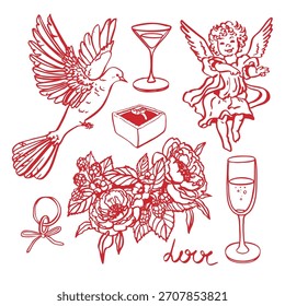 Red Valentine EPS-Set. Isoliertes EPS-Vektorobjekt. Handgezeichnete Abbildung. Valentinstag-Element für romantische Einladungen, Geburtstagskarten, Grußkarten und Hochzeitsdesigns. Doodle-Set.