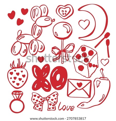 Red Valentine EPS set. Isolated vector EPS object. Hand-drawn illustration. Valentine's Day element for romantic invitations, birthday cards, greeting cards, and wedding designs. Doodle set.