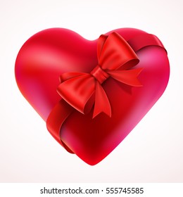 Red Valentine Heart with Bow and tape. Isolated On White Background. Concept of love and Valentine day gift. Vector Illustration