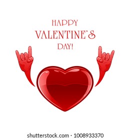 Red Valentine heart with rock and roll hand sign isolated on white background. Text Happy Valentines Day, illustration.