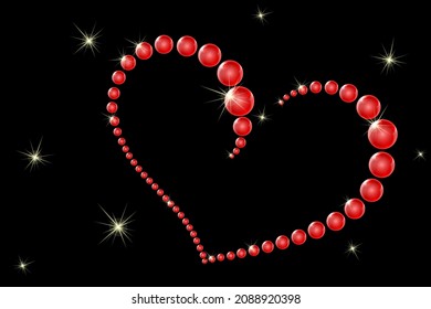Red valentine heart from shiny beads on the black background wuth sparckles