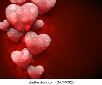 Red valentine's background with 3d hearts. Vector illustration. 