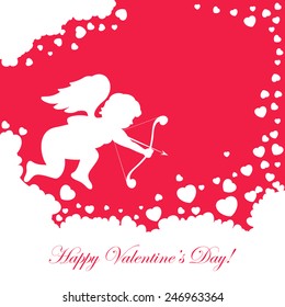 Red valentines background with cupid and hearts, illustration.