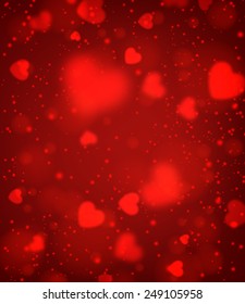 Red valentine's background with defocused hearts. Vector illustration. 