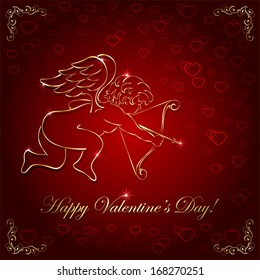 Red valentines background with golden cupid, illustration.