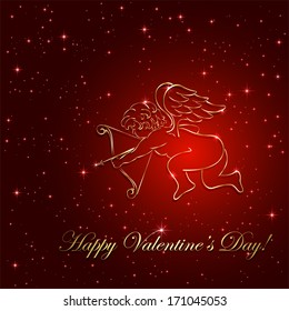 Red valentines background with golden cupid and stars, illustration.