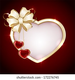 Red valentines background with hearts and beige ribbon, illustration.