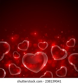 Red Valentines background with hearts and stars, illustration. 