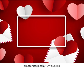 Red Valentine's background with paper envelopes, pink and red hearts. Vector illustration.