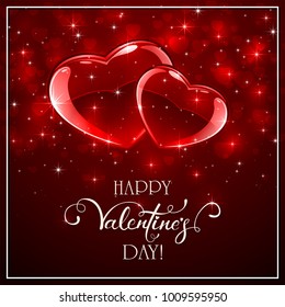 Red Valentines background with shining hearts. Lettering Happy Valentines Day, illustration. 