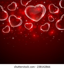 Red Valentines background with shining hearts, illustration. 