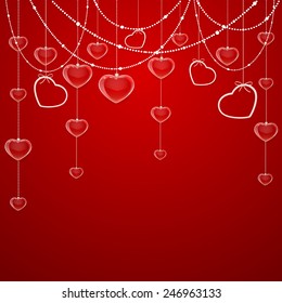 Red Valentines background with transparent hearts and decorative elements, illustration. 