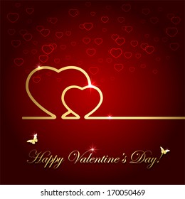 Red valentines background with two golden hearts on line and butterflies, illustration.