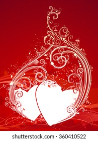 Red Valentine's background. Two interlaced hearts on grunge red background. Floral ornament. Vintage flourishes. There is place for your text.