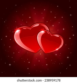 Red valentines background with two shiny hearts and rays, illustration.