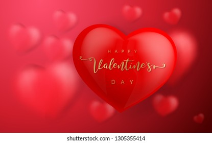 Red Valentine's Day background with 3d hearts on red. Vector illustration. Cute love banner or greeting card. Gift Voucher Coupon Promotion template