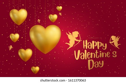 Red Valentine's Day background with 3d hearts on gold. Vector illustration. Cute love banner or greeting card. Gold hearts	