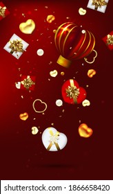 Red Valentine's Day background with 3d various hearts and gift boxes