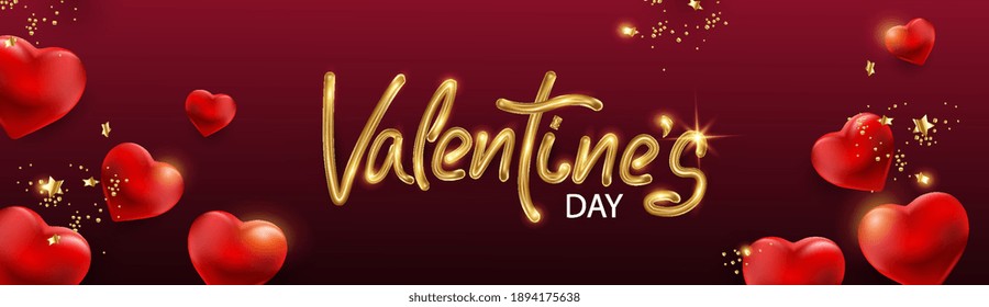 Red Valentine's Day background with 3d hearts and golden greeting Vector Illustration. Love the cute banner or greeting card.