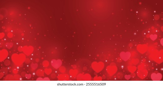 Red valentine's day background with heart and bokeh light effect, vector illustration.