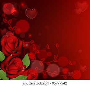Red valentines day background with heart shaped bubbles and red roses