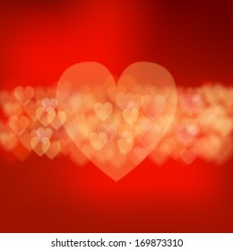 Red Valentine's day background with hearts. Postcard. Vector illustration. 