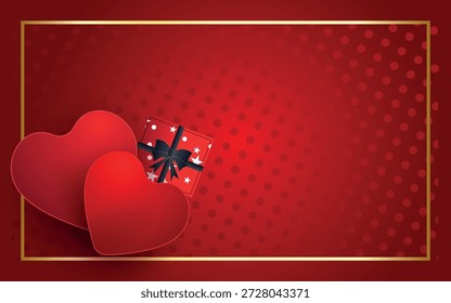 Red Valentine's Day background with hearts, gift box and gold frame, luxury greeting card template