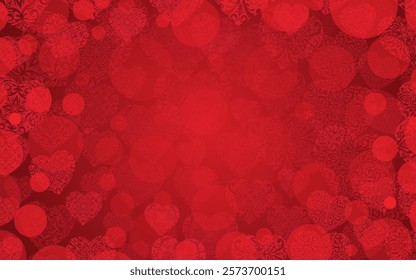 Red Valentine's Day background. Romantic love design with lace hearts and bokeh. Falling mandala hearts for greeting card template